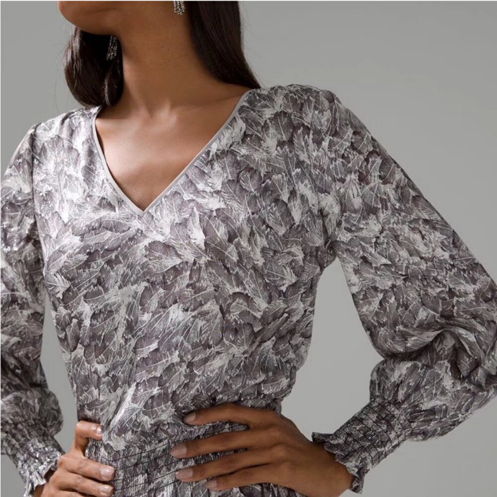 White House Silver Metallic Long Sleeve Petite Smocked Blouson Mini Dress XXS - Picture 14 of 14